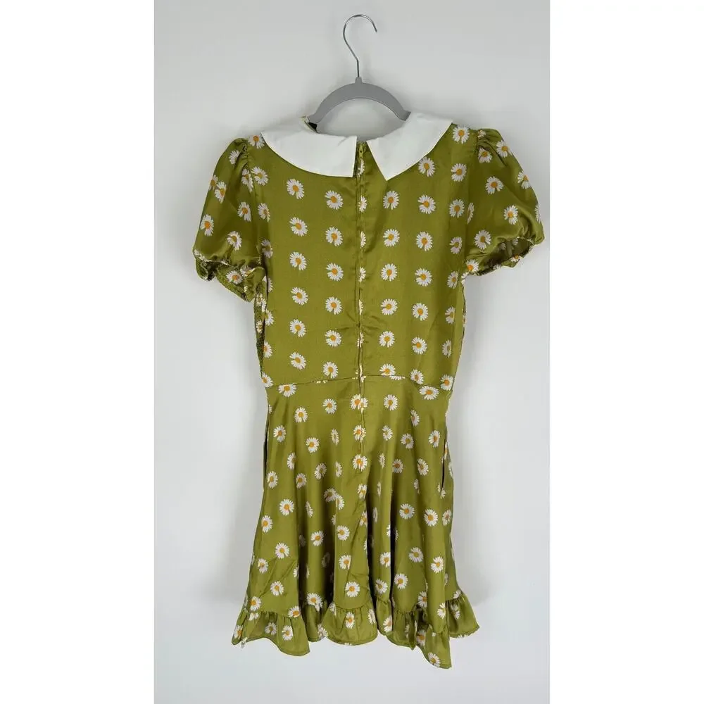 Smak Parlour Womens Green Floral Smocked Short Sleeve Flare Dress Size Medium